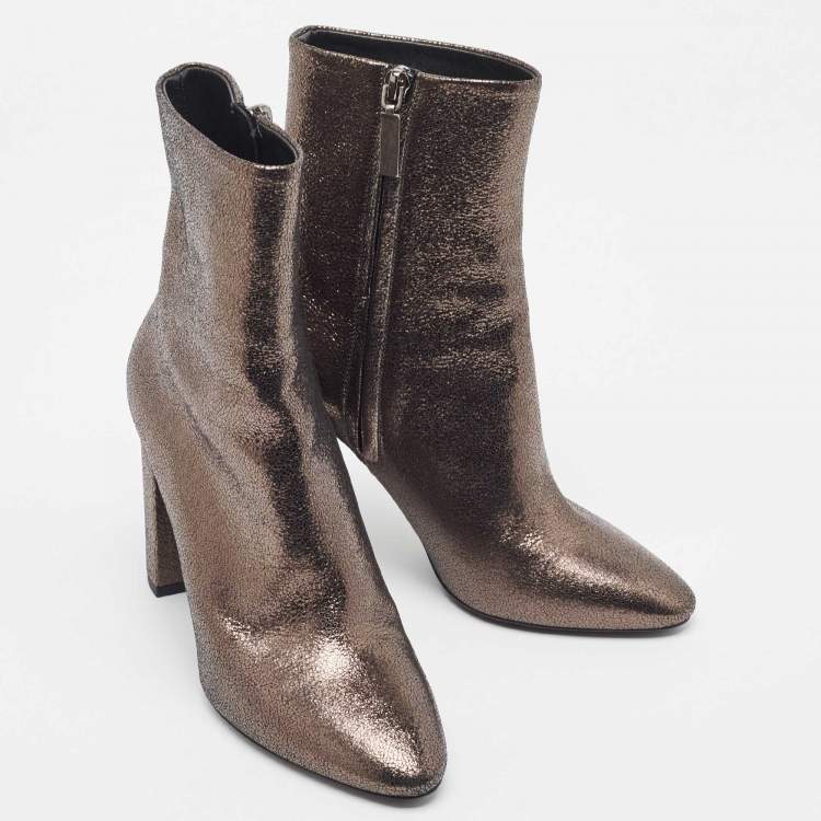 Pre Owned Saint Laurent Metallic Textured Leather Ankle Booties Size 37  