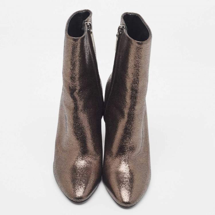 Pre Owned Saint Laurent Metallic Textured Leather Ankle Booties Size 37  
