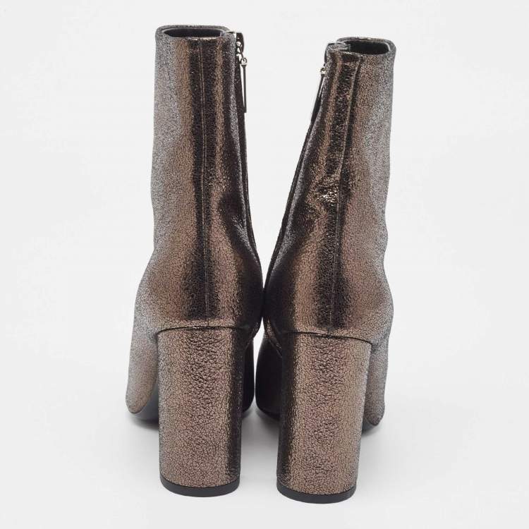 Pre Owned Saint Laurent Metallic Textured Leather Ankle Booties Size 37  