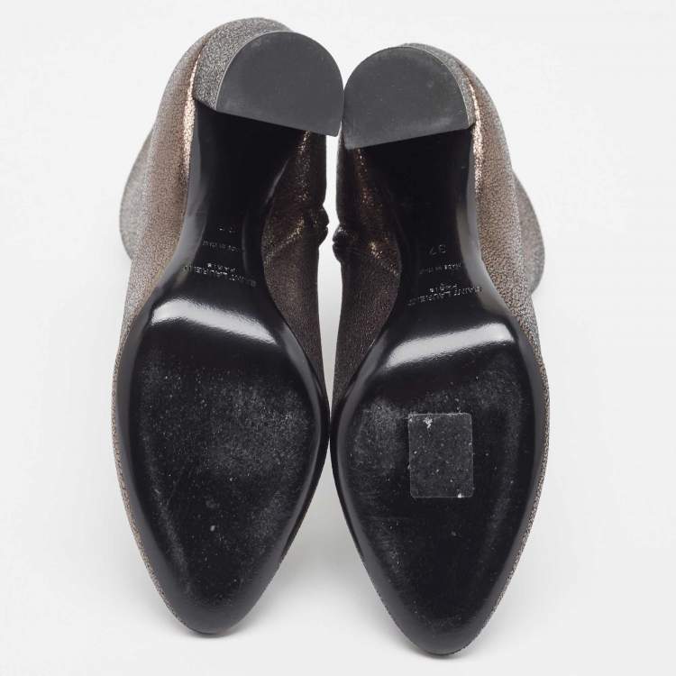 Pre Owned Saint Laurent Metallic Textured Leather Ankle Booties Size 37  