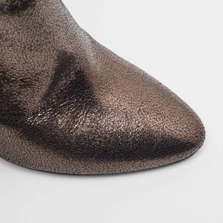 Pre Owned Saint Laurent Metallic Textured Leather Ankle Booties Size 37  