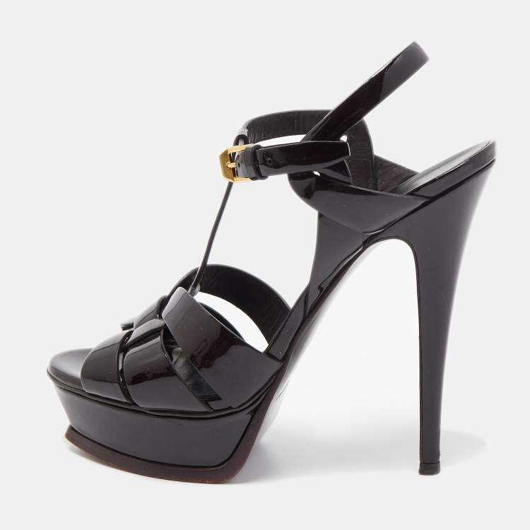 مملوكة مسبقًا Saint Laurent Burgundy Patent Leather Tribute Platform Ankle Strap Sandals Size 39