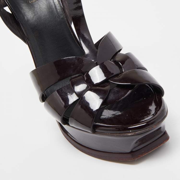 مملوكة مسبقًا Saint Laurent Burgundy Patent Leather Tribute Platform Ankle Strap Sandals Size 39