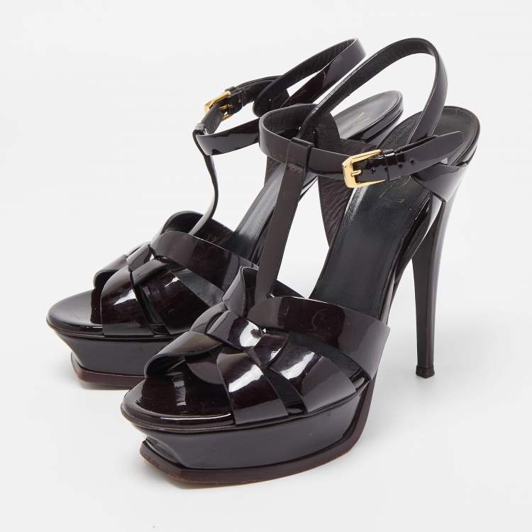 مملوكة مسبقًا Saint Laurent Burgundy Patent Leather Tribute Platform Ankle Strap Sandals Size 39