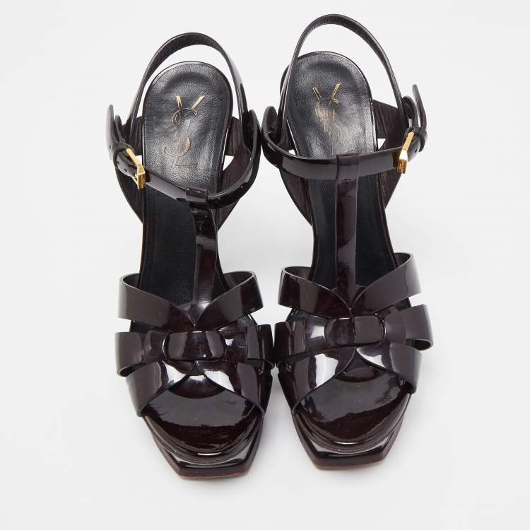 مملوكة مسبقًا Saint Laurent Burgundy Patent Leather Tribute Platform Ankle Strap Sandals Size 39