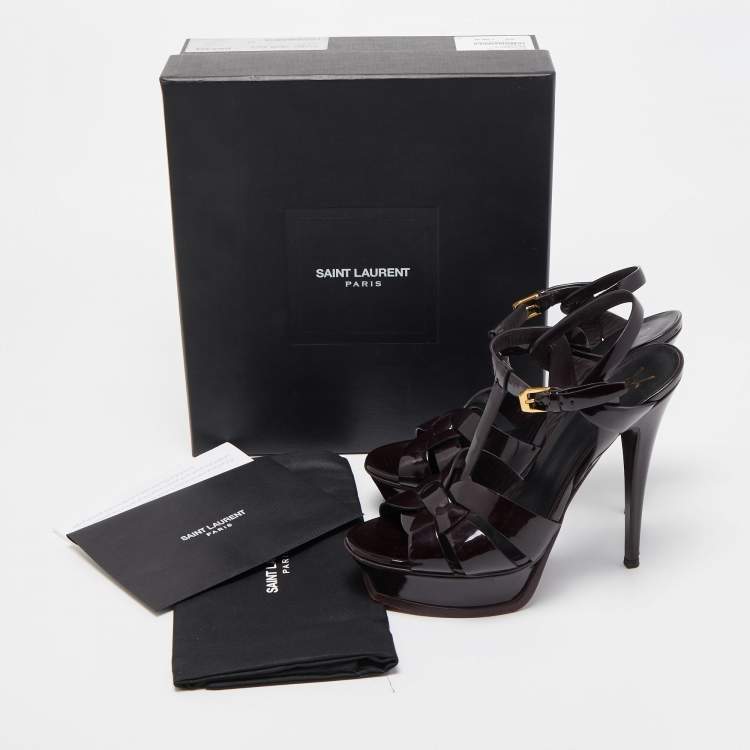 مملوكة مسبقًا Saint Laurent Burgundy Patent Leather Tribute Platform Ankle Strap Sandals Size 39