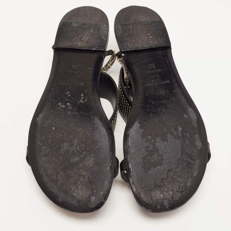 Pre Owned Saint Laurent Black Leather Studded Ankle Cuff Flat Sandals Size 36
