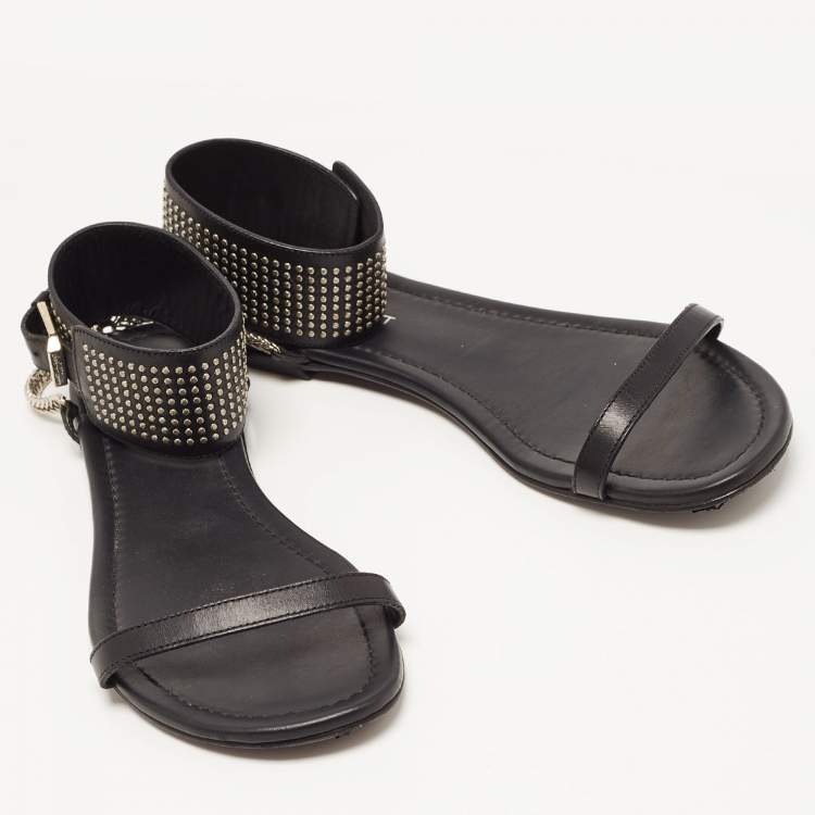 Pre Owned Saint Laurent Black Leather Studded Ankle Cuff Flat Sandals Size 36