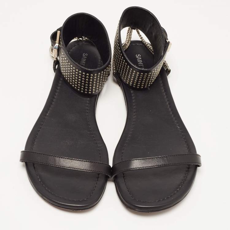 Pre Owned Saint Laurent Black Leather Studded Ankle Cuff Flat Sandals Size 36