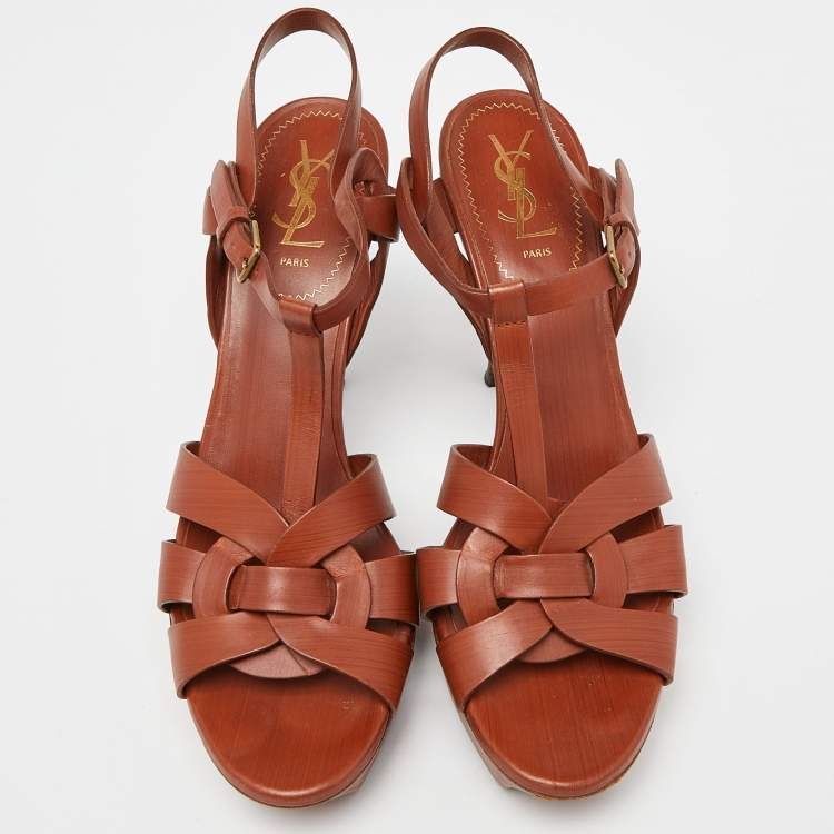 Pre Owned Yves Saint Laurent Tan Leather Tribute Platform Sandals Size 41