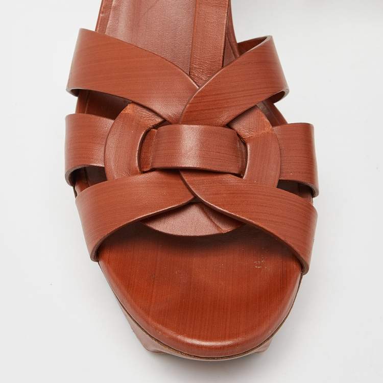Pre Owned Yves Saint Laurent Tan Leather Tribute Platform Sandals Size 41