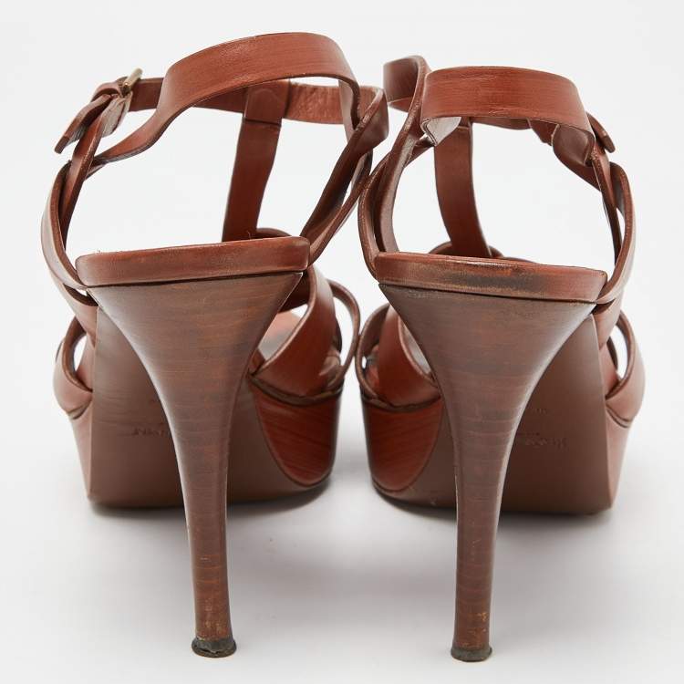 Pre Owned Yves Saint Laurent Tan Leather Tribute Platform Sandals Size 41
