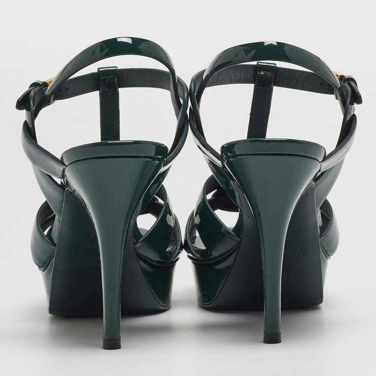 Pre Owned Saint Laurent Green Patent Leather Tribute Platform Ankle Strap Sandals Size 40