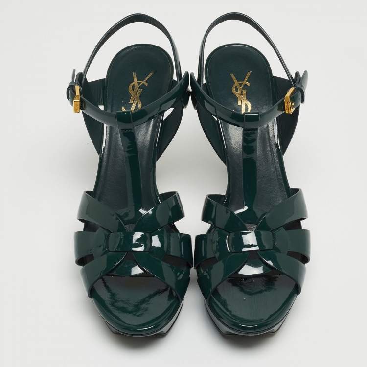 Pre Owned Saint Laurent Green Patent Leather Tribute Platform Ankle Strap Sandals Size 40
