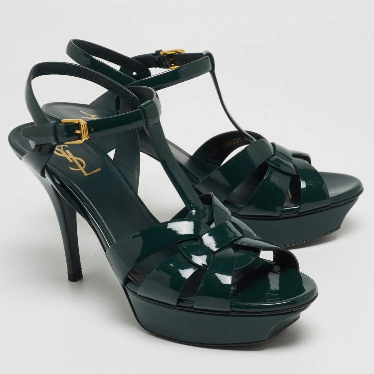 Pre Owned Saint Laurent Green Patent Leather Tribute Platform Ankle Strap Sandals Size 40