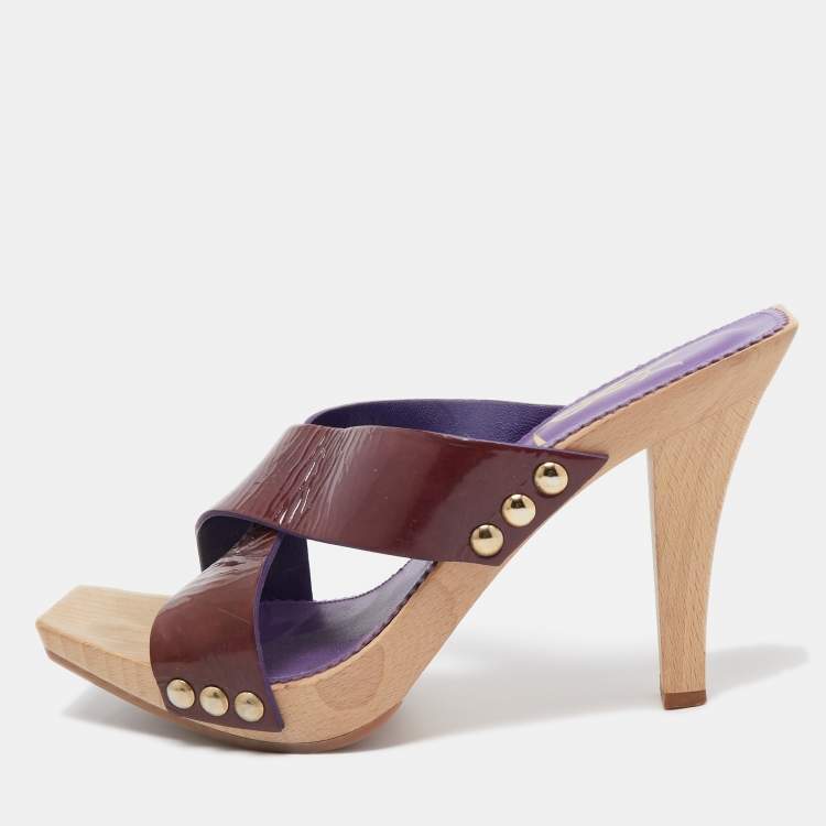 Pre Owned Saint Laurent Purple Patent Leather Slide Sandals Size 38
