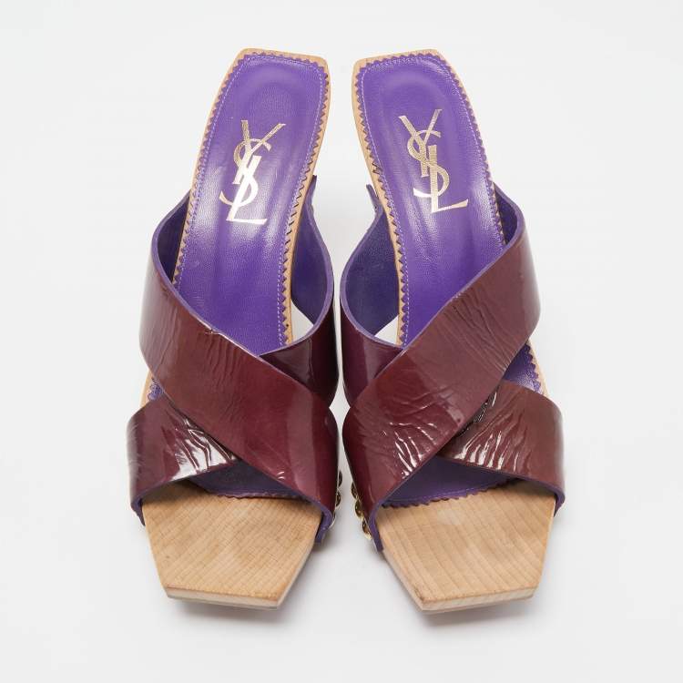 Pre Owned Saint Laurent Purple Patent Leather Slide Sandals Size 38