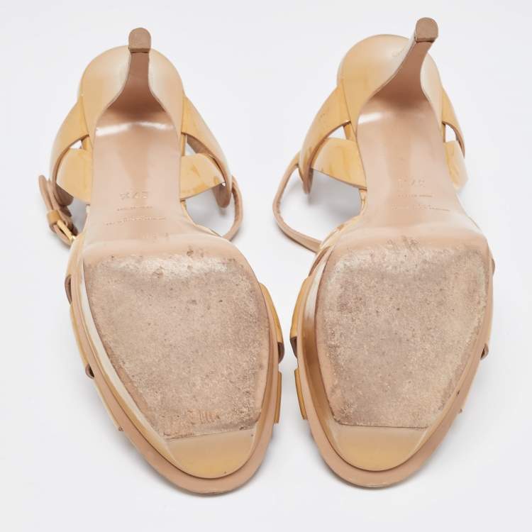 Pre Owned Saint Laurent Beige Patent Leather Tribute Platform Sandals Size 37.5