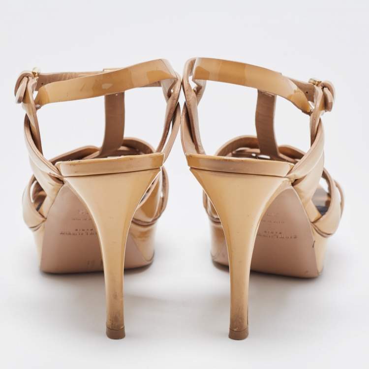 Pre Owned Saint Laurent Beige Patent Leather Tribute Platform Sandals Size 37.5