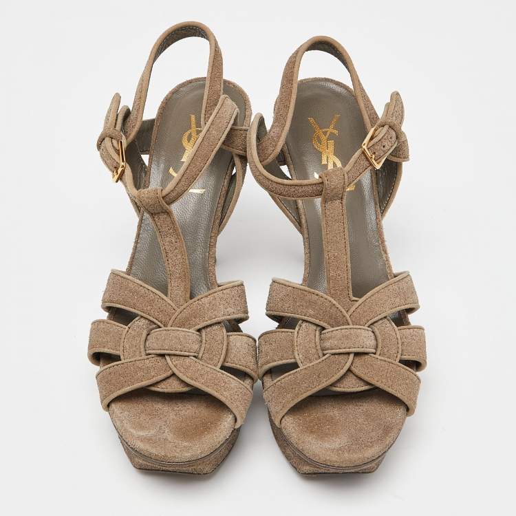 Pre Owned Saint Laurent Grey Textured Suede Tribute Ankle Strap Sandals Size 35.5