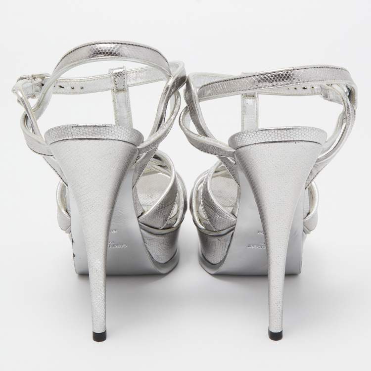 Pre Owned Saint Laurent Silver Textured Leather Tribute Sandals Size 37.5