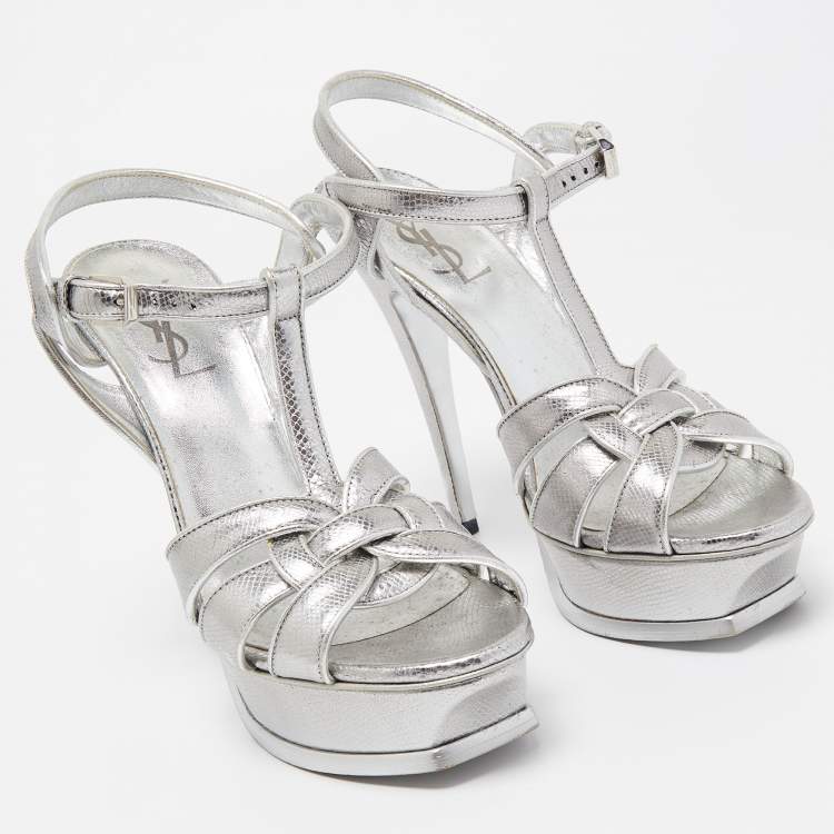 Pre Owned Saint Laurent Silver Textured Leather Tribute Sandals Size 37.5