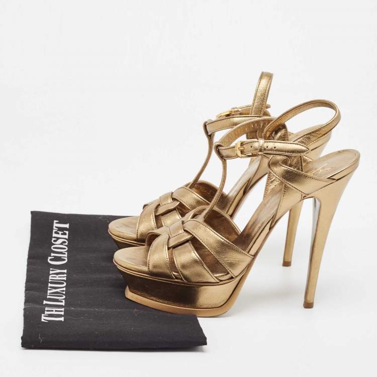 Pre Owned Saint Laurent Gold Leather Tribute Sandals Size 38