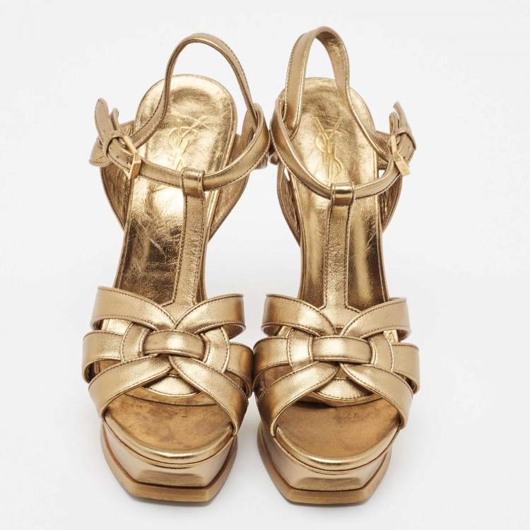 Pre Owned Saint Laurent Gold Leather Tribute Sandals Size 38