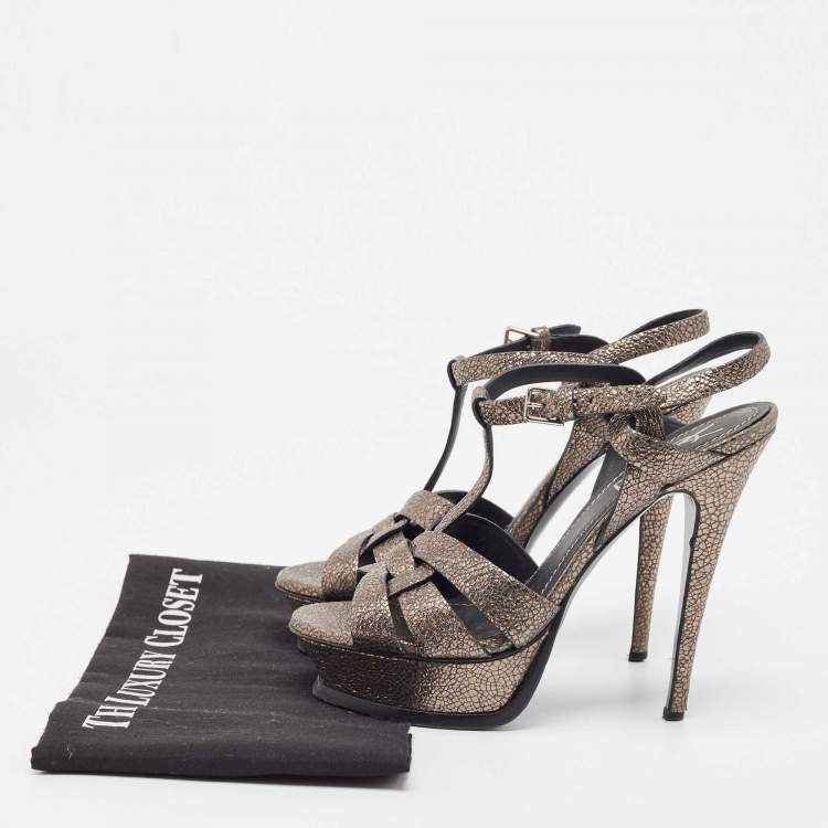 Pre Owned Saint Laurent Metallic Grey Laminated Suede Tribute Sandals Size 37