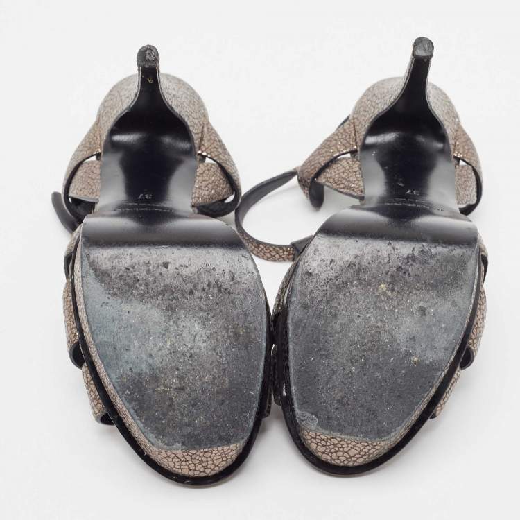 Pre Owned Saint Laurent Metallic Grey Laminated Suede Tribute Sandals Size 37