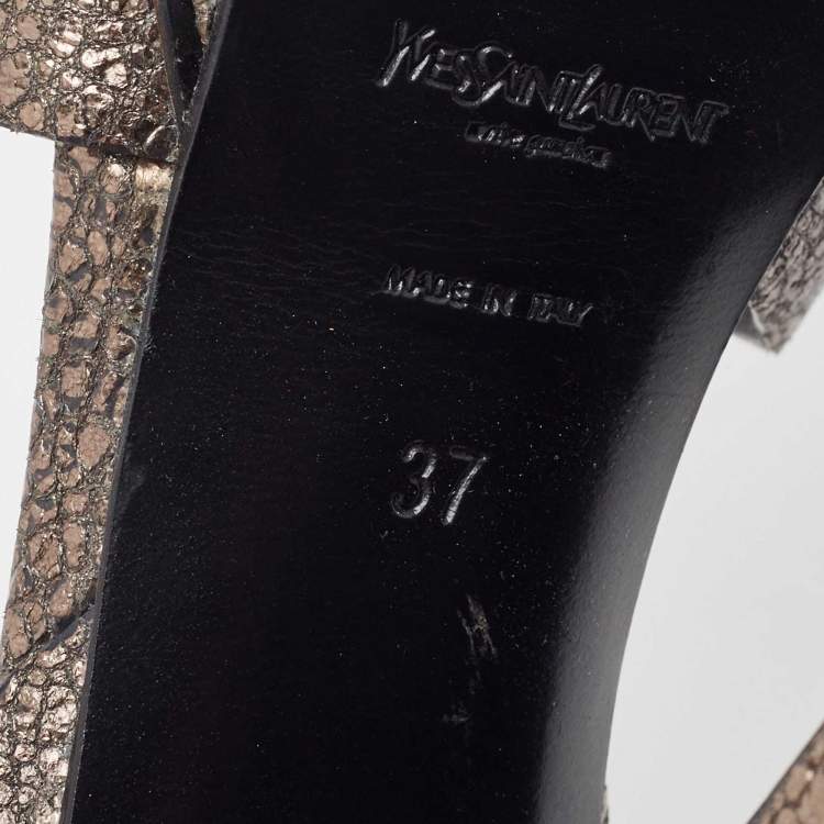 Pre Owned Saint Laurent Metallic Grey Laminated Suede Tribute Sandals Size 37