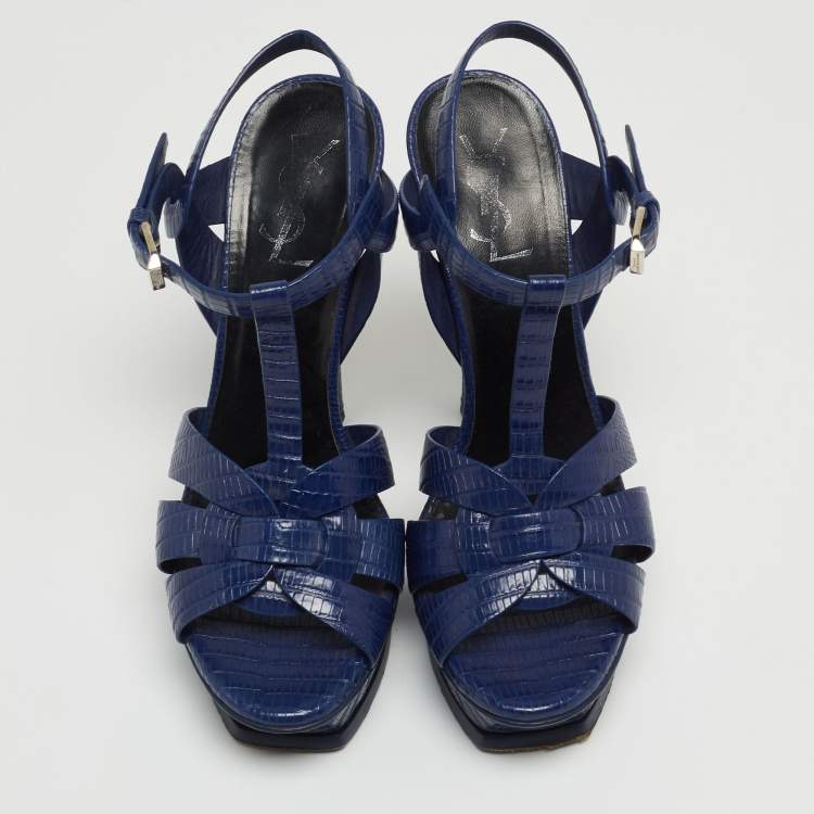 مملوكة مسبقًا Saint Laurent Blue Lizard Embossed Tribute Sandals Size 37