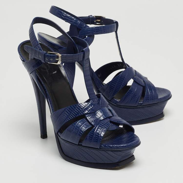 مملوكة مسبقًا Saint Laurent Blue Lizard Embossed Tribute Sandals Size 37
