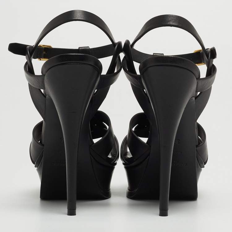 Pre Owned Saint Laurent Paris Black Leather Tribute Platform Ankle Strap Sandals Size 38.5