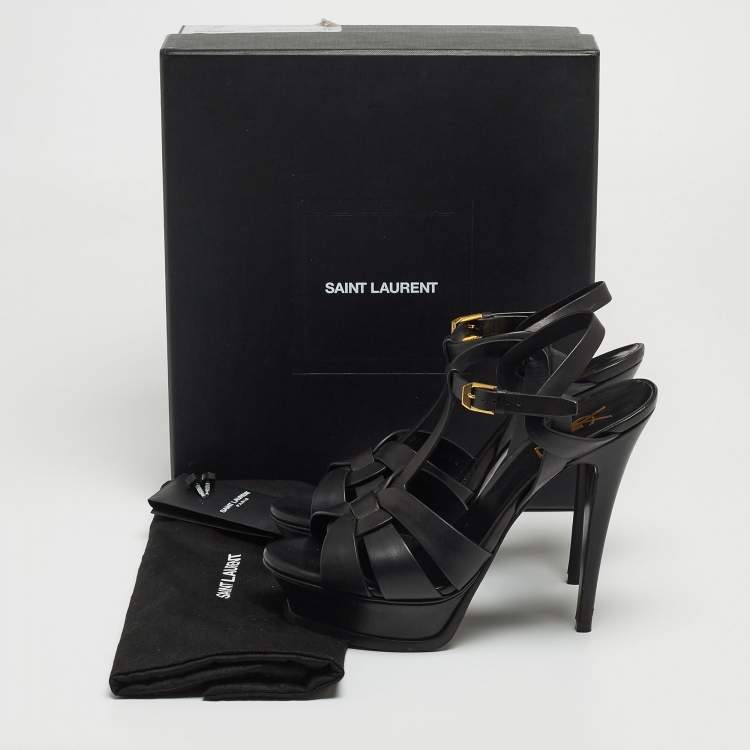 Pre Owned Saint Laurent Paris Black Leather Tribute Platform Ankle Strap Sandals Size 38.5