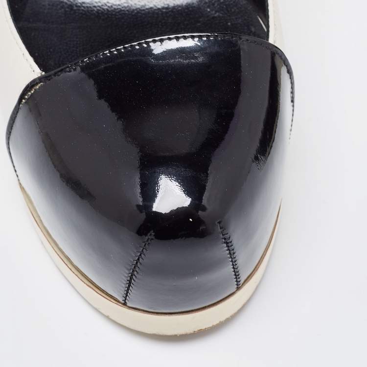 Pre Owned Saint Laurent Black/White Leather and Patent Tribtoo Pumps Size 37