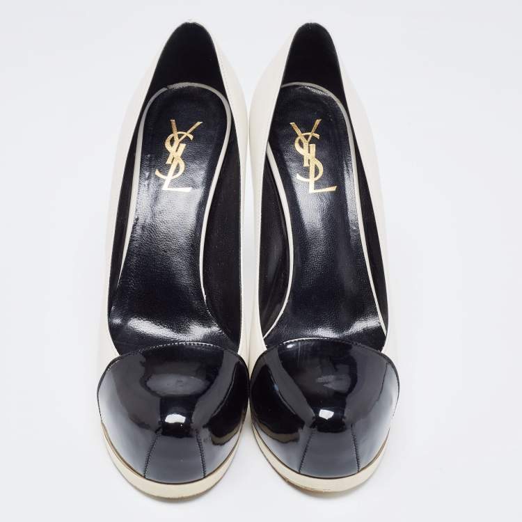 Pre Owned Saint Laurent Black/White Leather and Patent Tribtoo Pumps Size 37