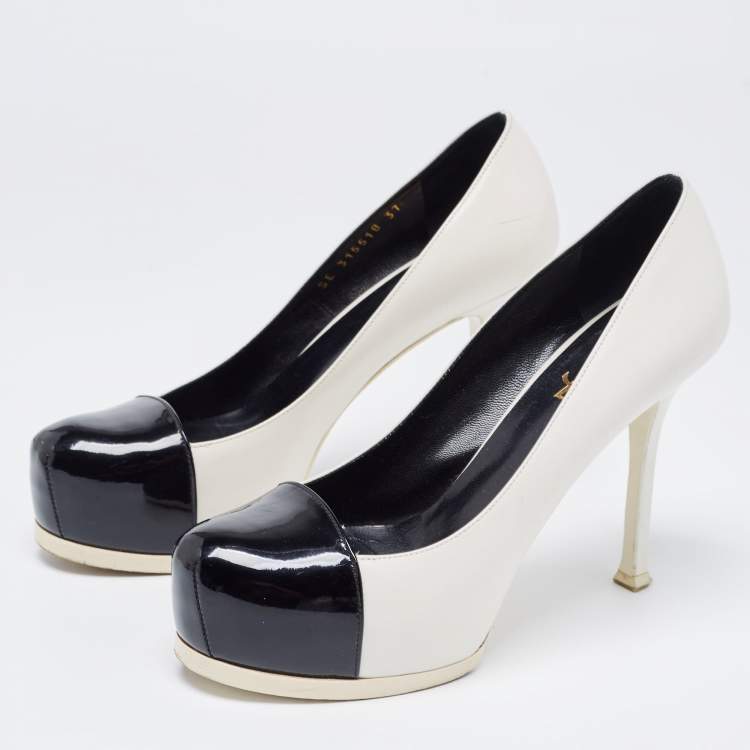 Pre Owned Saint Laurent Black/White Leather and Patent Tribtoo Pumps Size 37