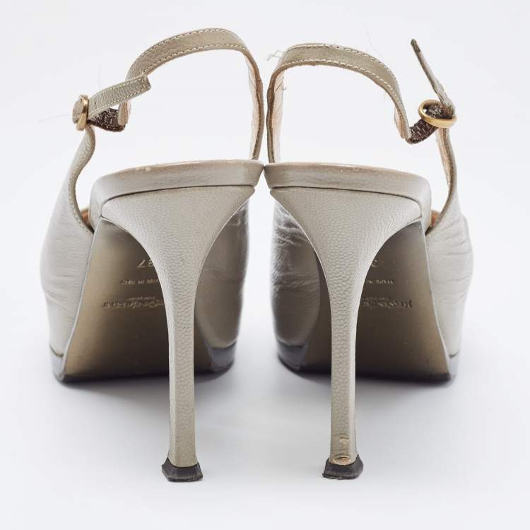 Pre Owned Saint Laurent Grey Leather Tribtoo Slingback Pumps Size 37