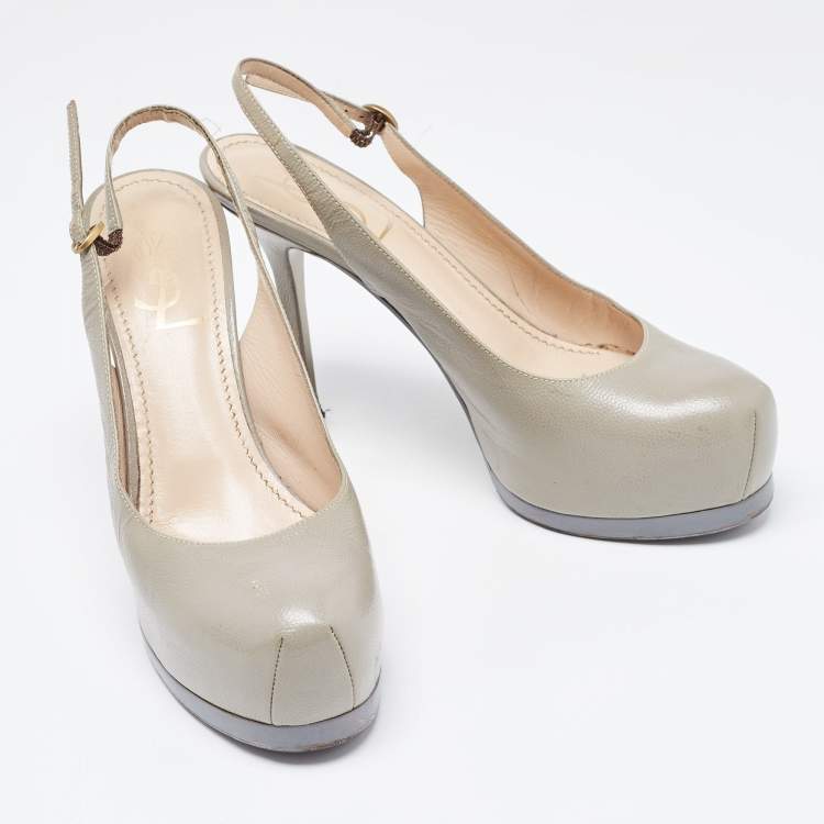 Pre Owned Saint Laurent Grey Leather Tribtoo Slingback Pumps Size 37