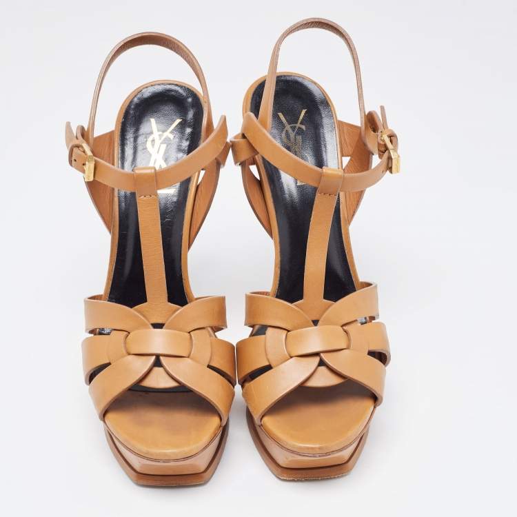 Pre Owned Saint Laurent  Brown Leather Tribute Ankle Strap Sandals Size 38