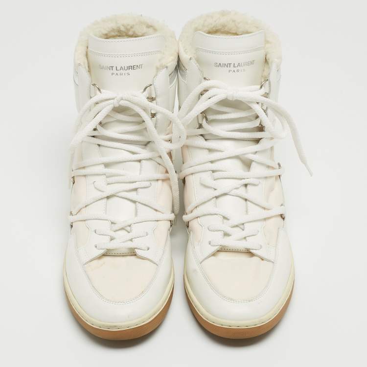 Pre Owned Saint Laurent White/Silver Leather and Nylon Ski High Top Sneakers Size 40