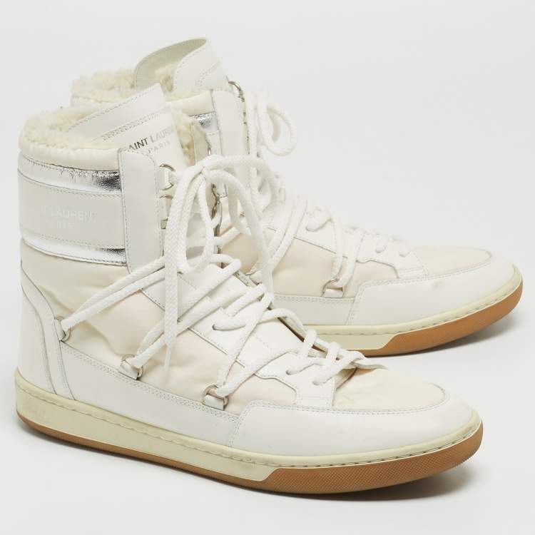 Pre Owned Saint Laurent White/Silver Leather and Nylon Ski High Top Sneakers Size 40