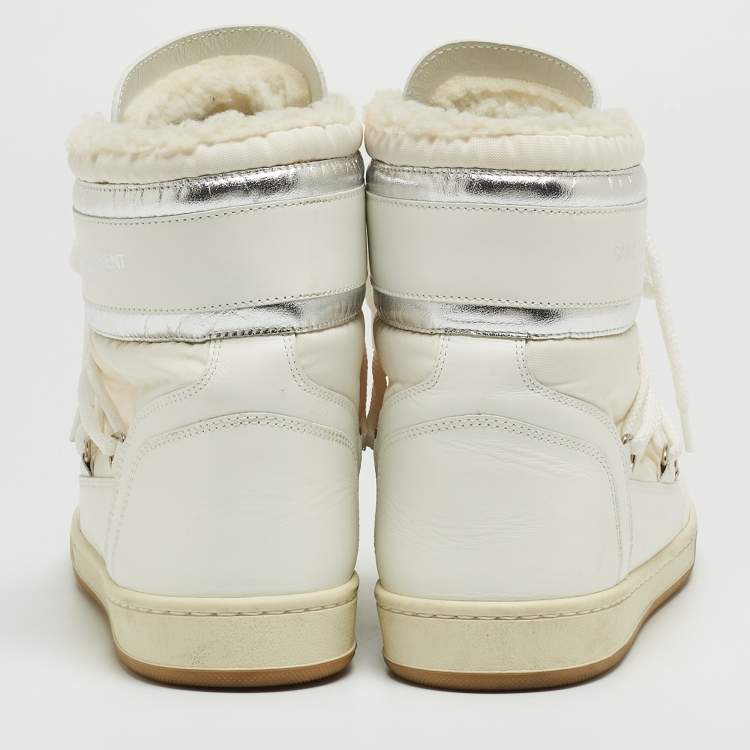 Pre Owned Saint Laurent White/Silver Leather and Nylon Ski High Top Sneakers Size 40