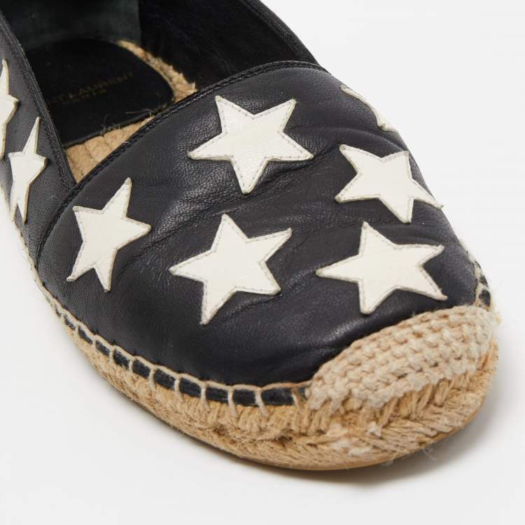 Pre Owned Saint Laurent Black/White Leather Star Embellished Espadrille Flats Size 36