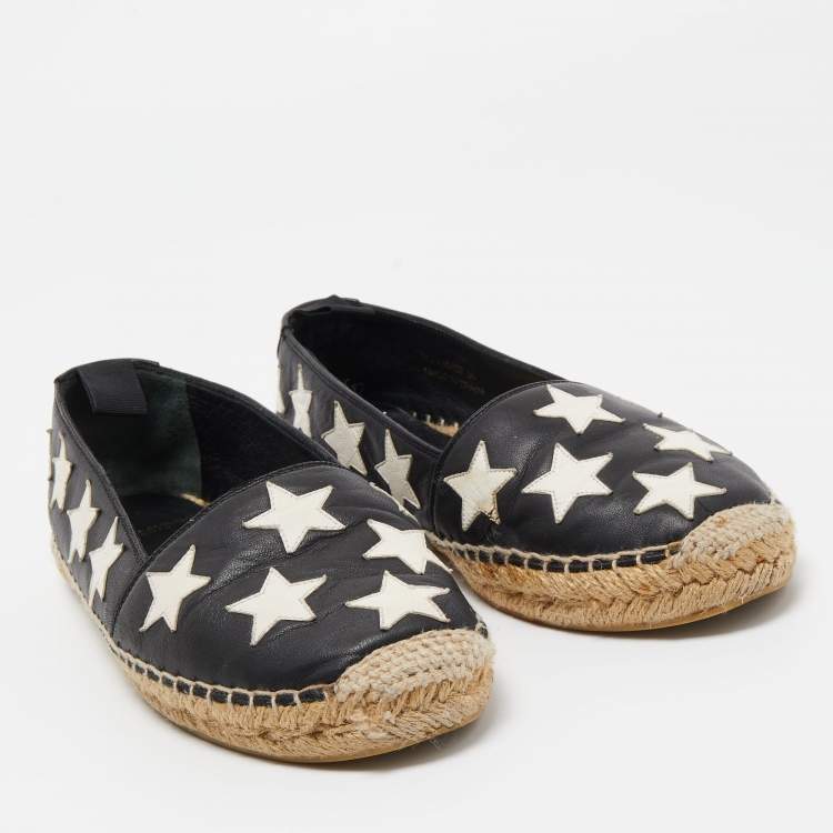 Pre Owned Saint Laurent Black/White Leather Star Embellished Espadrille Flats Size 36