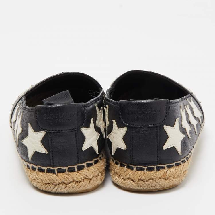 Pre Owned Saint Laurent Black/White Leather Star Embellished Espadrille Flats Size 36