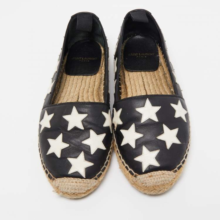 Pre Owned Saint Laurent Black/White Leather Star Embellished Espadrille Flats Size 36