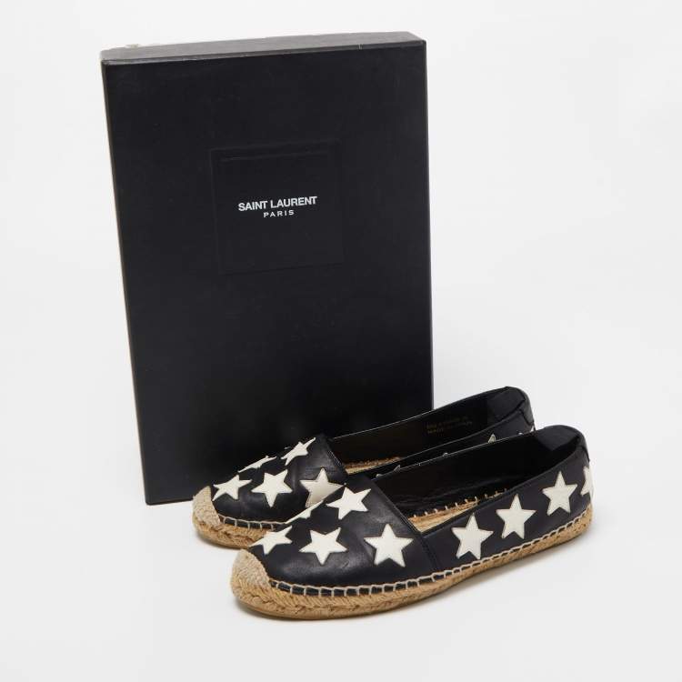 Pre Owned Saint Laurent Black/White Leather Star Embellished Espadrille Flats Size 36