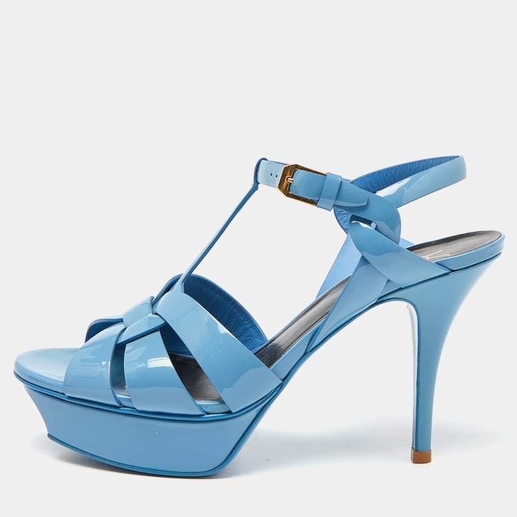 مملوكة مسبقًا Saint Laurent Blue Patent Leather Tribute Ankle Strap Sandals Size 38.5